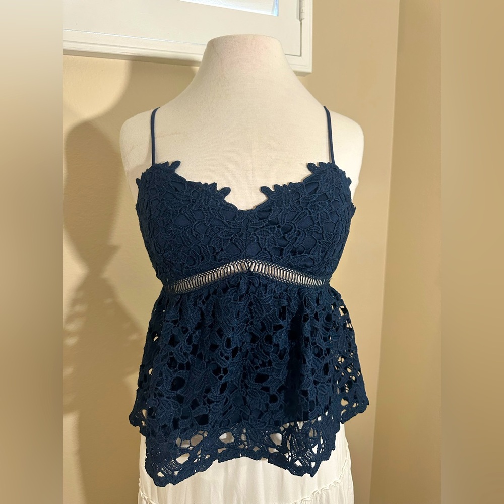 Mi Ami Navy Lace Spaghetti Strap Blouse